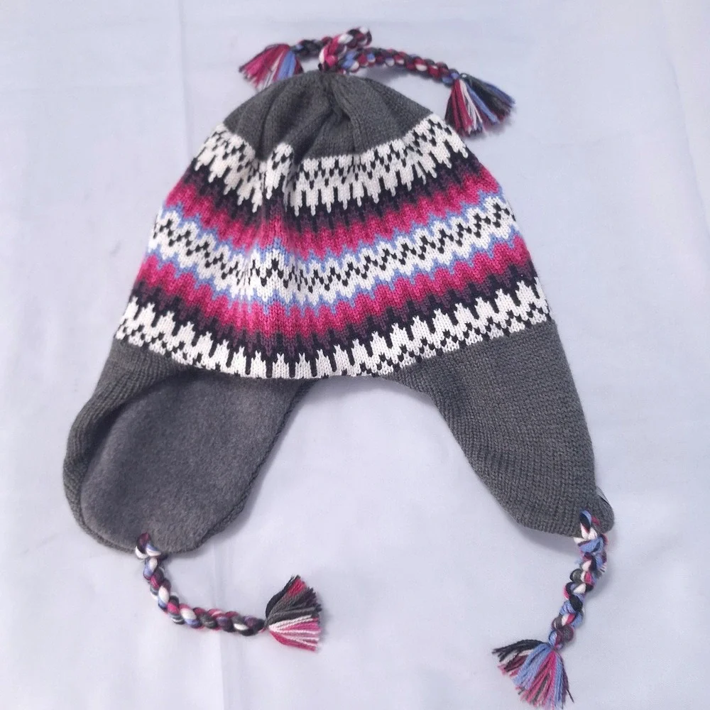 L.L. Bean Fair Isle Wool Blend Beanie Hat Earflaps Tassels Nordic Women OSFA Y2K